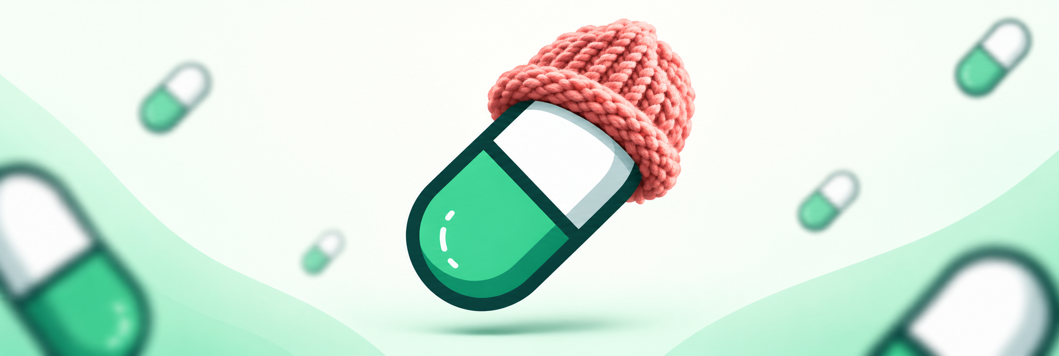 wifpill banner with green capsule and pink knitted hat